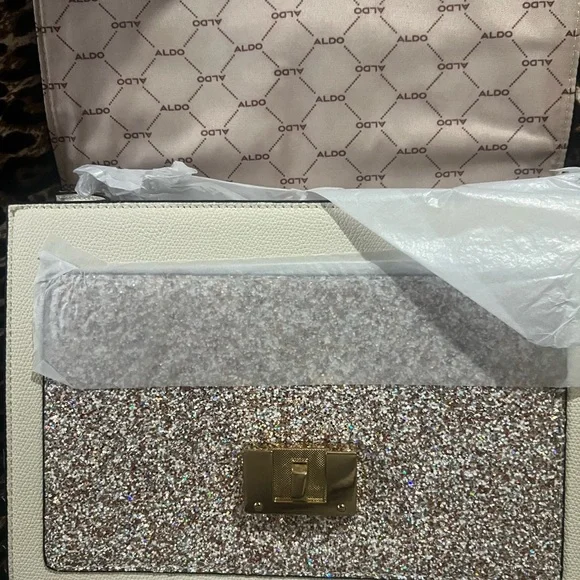Aldo Cream Glitter Accent Top-Handle Bag with Gold Chain Detail - Picture 5 of 6